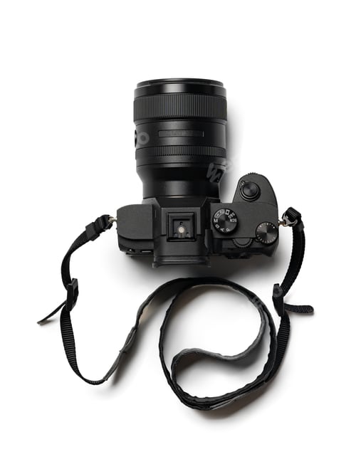 Preview: Modern camera isolated on white background top view