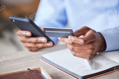 Preview: Businessman, hands and credit card, smartphone banking or ecommerce accounting of investment, budge