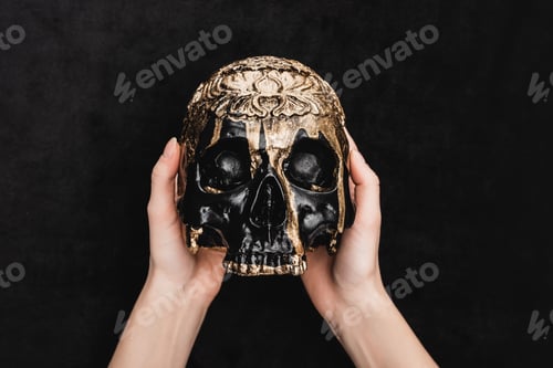 Preview: top view of witch holding voodoo skull on black