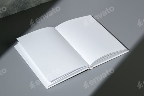 Preview: Blank open notepad on gray background studio shot