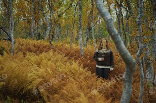 Preview: Caucasian woman standing amongst a dead yellow ferns