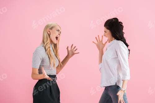 Preview: Aggressive girls screaming at each other and waving hands isolated on pink