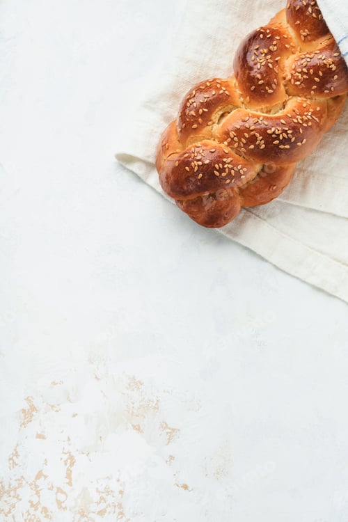 Preview: Challah bread. Sabbath kiddush ceremony composition. Freshly baked homemade braided challah bread fo