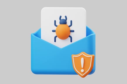 Aperçu: Enveloppe bleue avec bouclier orange et point d'exclamation.