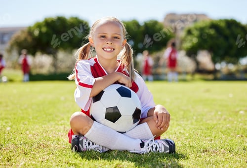 Preview: Soccer ball, sports girl and field sitting, training for youth competition match playing at stadium