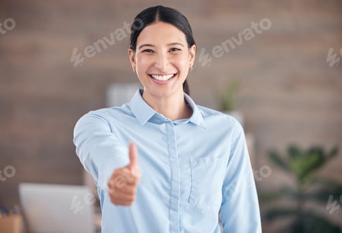 Preview: Smiling mixed race businesswoman standing alone and using hand gestures to make a thumbs up. Confid