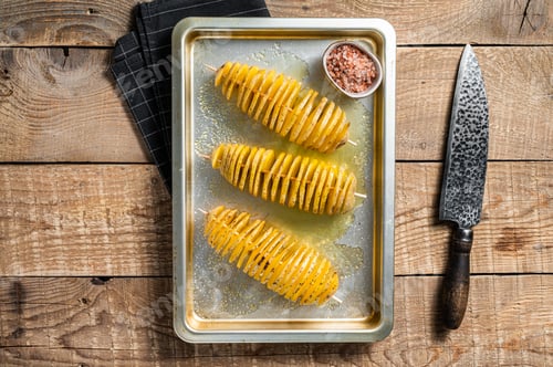 Preview: Uncooked raw Tornado or Twist potato fries. Wooden background. Top view