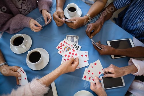 Preview: Overhead view of senior people playing cards
