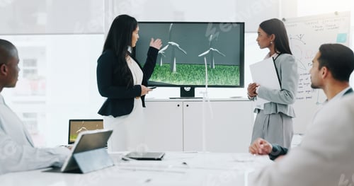 Preview: Business woman, presentation and wind turbine for eco friendly, sustainability and renewable energy