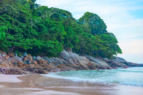 Preview: picturesque landscape with rocks, Andaman sea and forest on Phuket island, Thailand