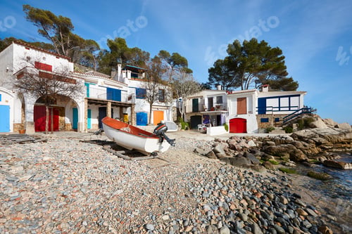 Preview: Picturesque colorful mediterranean shoreline in Girona. Salguer cove. Fisherman houses