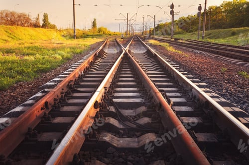 Preview: Cargo train platform at sunset. Railroad. Railway station