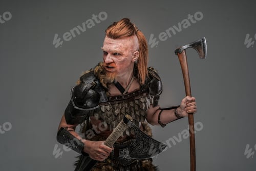 Preview: Combative viking with dual axes isolated on gray