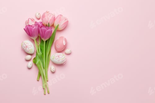 Preview: Easter greeting card with eggs and tulips