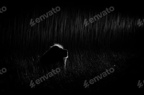 Preview: A male lion, Panthera leo, sits in the darkness and rain, lit up by spotlight, in black and white