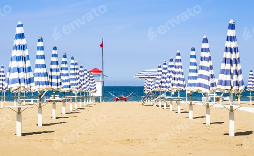 Preview: Umbrellas and rescue station at Rimini beach - Italian summer