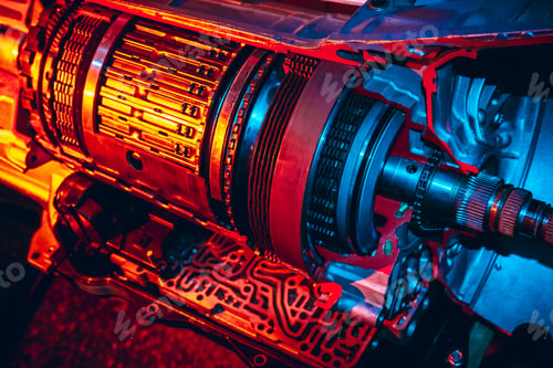Preview: Car gearbox. Transmission closeup at the service station