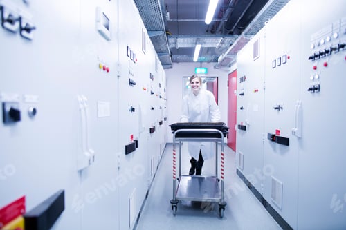 Preview: Portrait of young female scientist pushing trolley in technical room