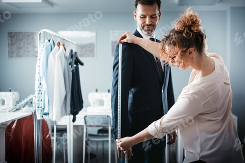 Preview: Tailor using tape to measuring client for sewing suit at atelier