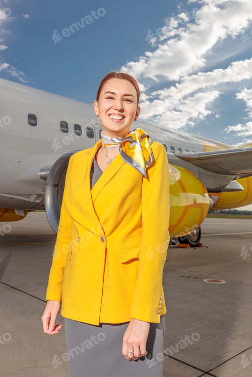 Preview: Cheerful flight attendant standing outdoors at airfield
