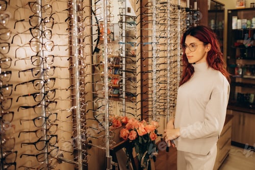 Preview: eyesight and vision concept - young business woman choosing glasses at optics store