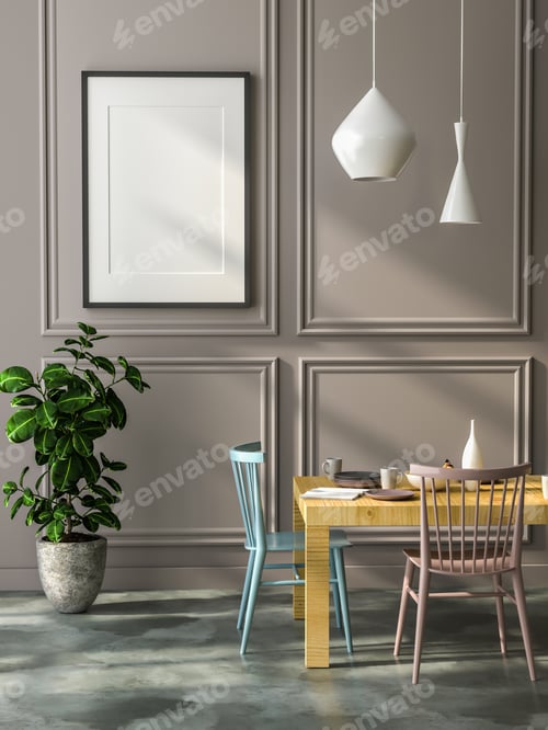 Preview: 3D Mockup photo frame in Modern interior of dining room