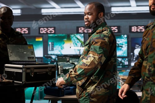 Preview: Counterintelligence team combating terrorism using detection system on notebook