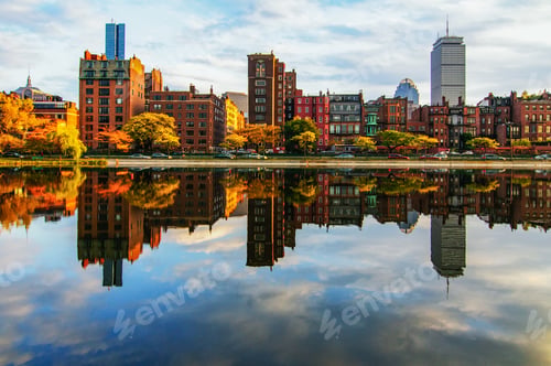 Preview: Horizontal shot of Back Bay neighborhood in Boston, Massachusetts with a cloudy white sky above