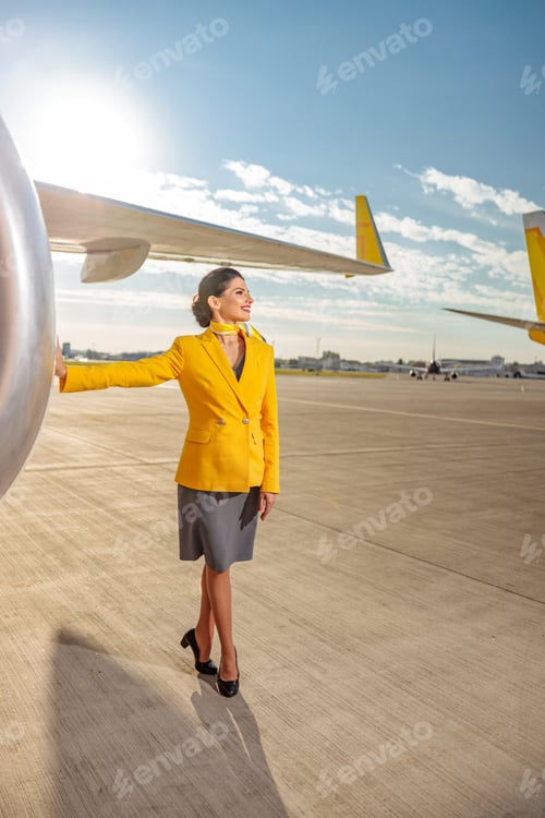 Preview: Joyful woman airline worker standing near aircraft at airfield