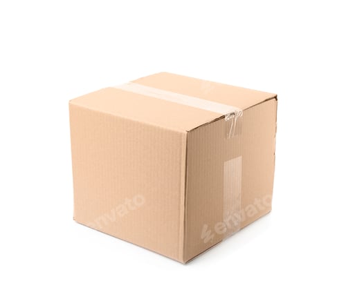 Preview: Closed cardboard box on white background. Mockup for design