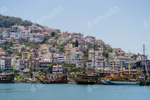 Preview: Beautiful scenic view of Alanya Marina with boats and mountains