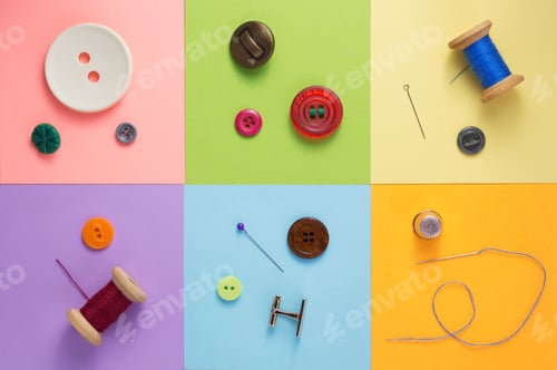 Preview: sewing tools and accessories at paper background