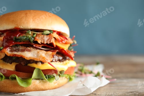 Preview: Tasty burger with bacon on table against color background, closeup. Space for text