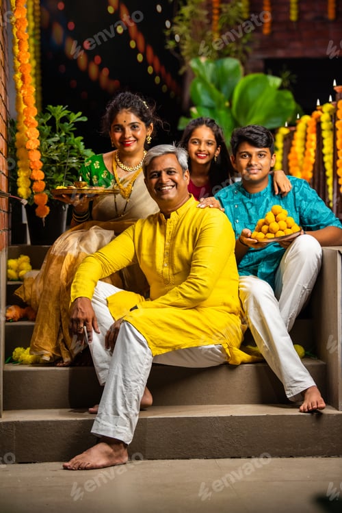 Preview: Happy Indian family with kids celebrating Diwali, holding Pooja thali, sweets, gifts on the stairs