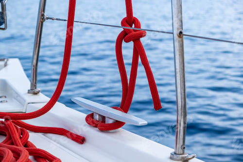 Preview: Sailing boat mooring rope tied on cleat, blur sea water background
