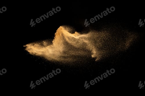 Preview: Dry river sand explosion.Brown color sand splash against black background.