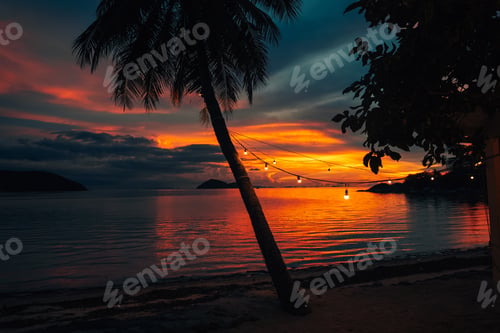 Preview: Palm Trees on White Sandy Beach with Island View in Azure Sea
