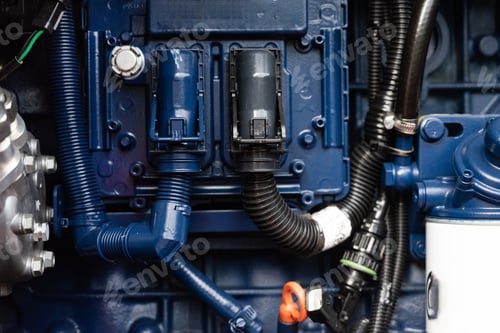 Preview: Hydraulic system of industrial construction equipment. Selective focus.