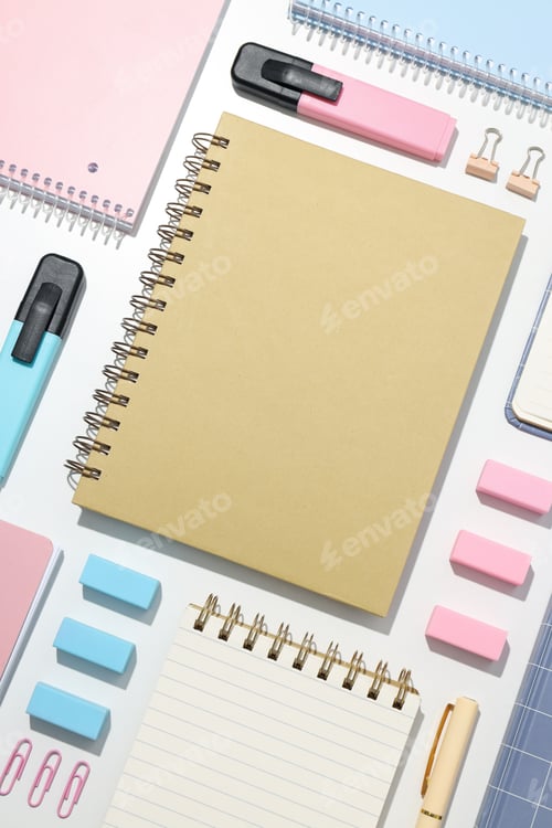 Preview: Various notebooks with stationery on a white background