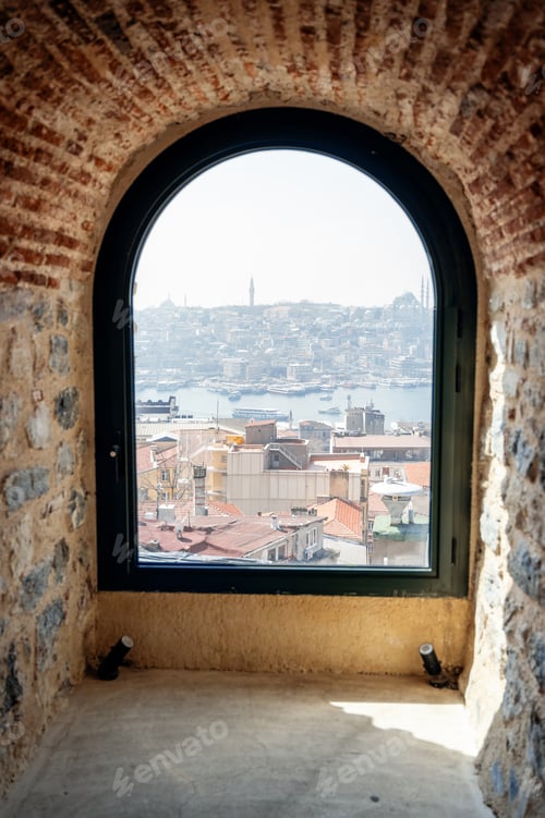 Preview: Cityscape of Istanbul through the ancient window of Galata Tower, Turkey