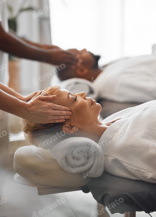 Preview: Hands, head and massage with a woman customer in a spa to relax for wellness or luxury. Face, beaut