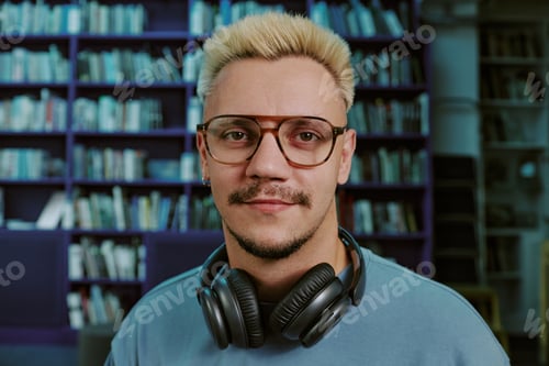 Preview: Portrait of Smiling Man Wearing Glasses with Headphones