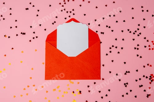 Preview: Festive red envelope with blank card and heart confetti on pink background for Valentine's Day