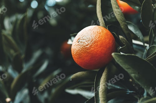 Preview: Ripe tangerine on a tree branch surrounded by green leaves