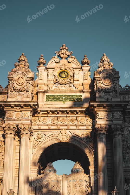 Preview: Ornate stone building with a clock atop its gate in Istanbul, Turkey