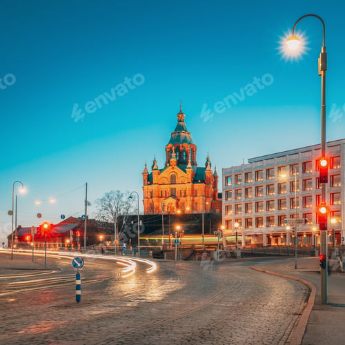 Preview: Helsinki, Finland. Uspenski Cathedral In Evening Night Illuminations