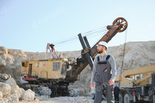Preview: Extraction of stone. Male worker next to stone quarry. Engineer at construction site
