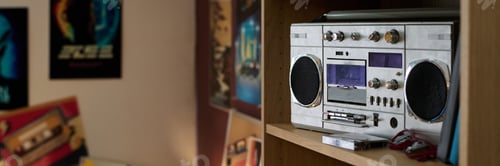 Preview: Displaying Vintage Boombox on Wooden Shelf