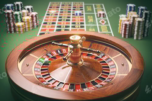 Preview: Casino roulette wheel with casino chips on green table. Gambling