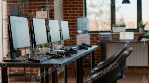 Preview: No people in customer care service office with monitors